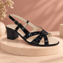 sandale dama negre lacuite din piele naturala cu toc gros si barete perforate S6LN Ciucaleti